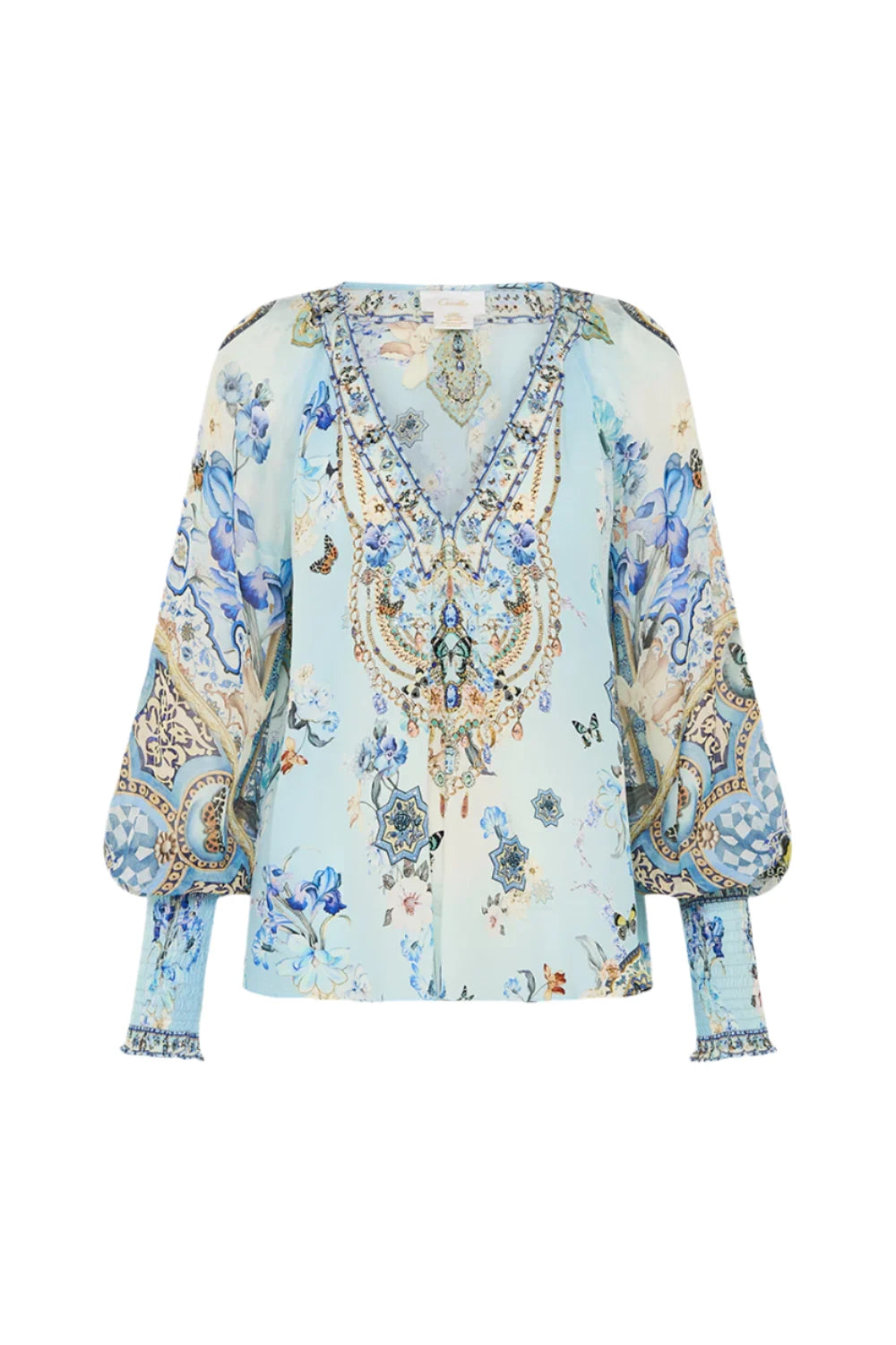 Camilla Shirred Cuff Blouse - Al Manial Palace Satin Bow Blouse