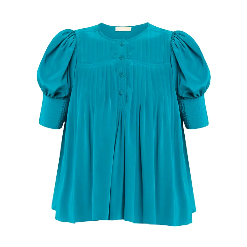 Marion Blouse in Jade Mandarin Collar Blouse