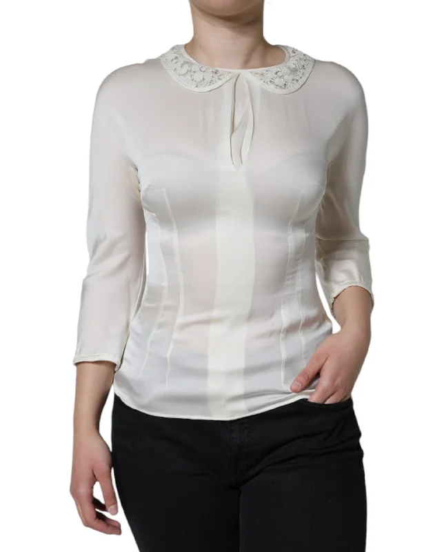 Off White Silk Lace Trimmed 3/4 Sleeves Blouse Top Smart Business Blouse