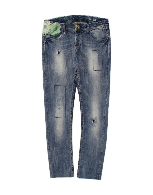 DESIGUAL Womens Distressed Slim Jeans W30 L29 Blue Cotton Fashionable Button-Front Jeans DESIGUAL Womens Distressed Slim Jeans W30 L29 Blue Cotton Fashionable Button-Front Jeans