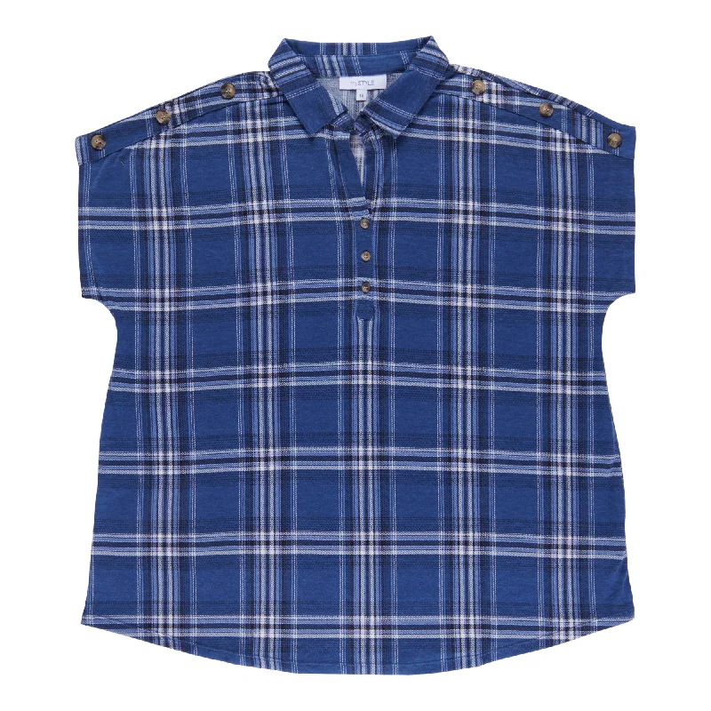 mySTYLE Women's Plus Plaid V-Neck Short Sleeve Button Blouse Smart Casual Blouse