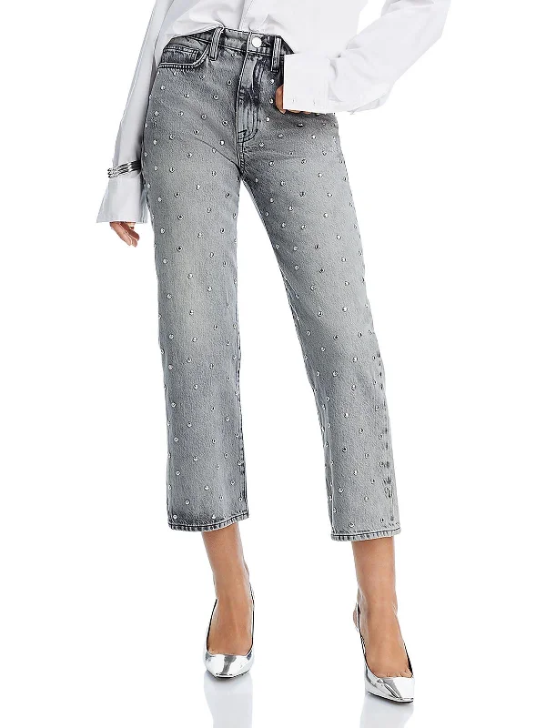 Le Jane Womens High Rise Studded Straight Leg Jeans Fashionable Straight Fit Denim