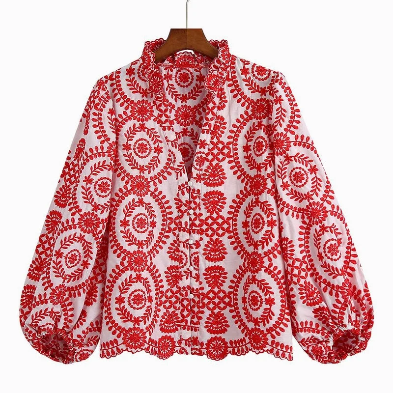 Embroidery Women Blouse Floral Print Blouse