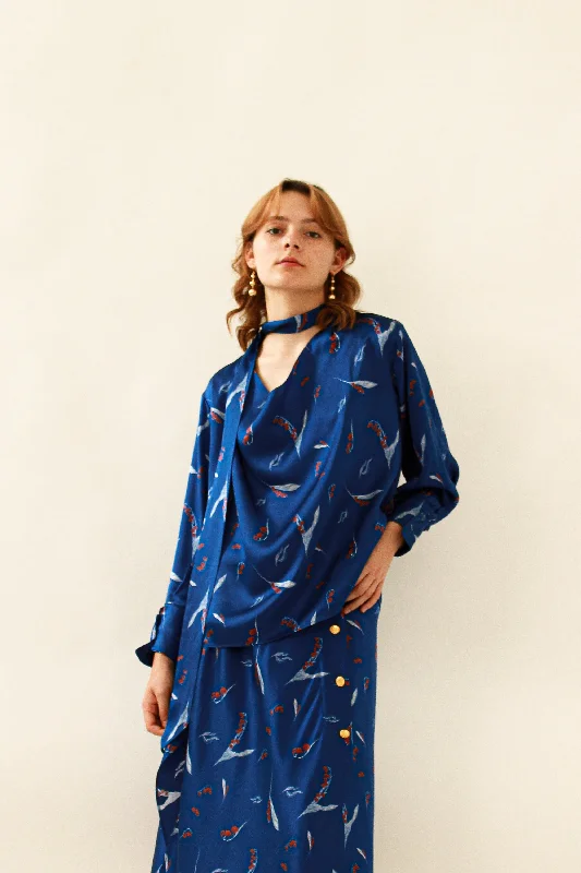 Lily Scarf Blouse 100% Silk - Blue Red Prints Sheer Mesh Blouse