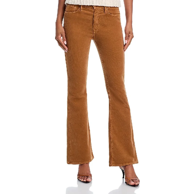 Womens High Rise Corduroy Flared Jeans Chic Rolled Cuff Denim Jeans