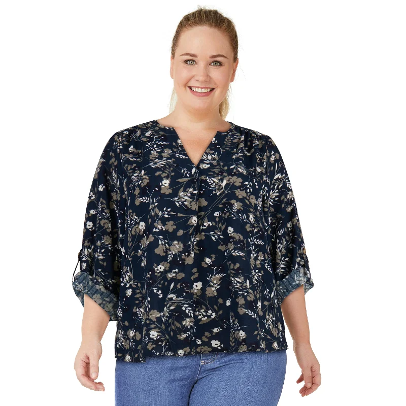 lily morgan Women's Plus V-Neck Roll-Tab Blouse Silky Tunic Blouse