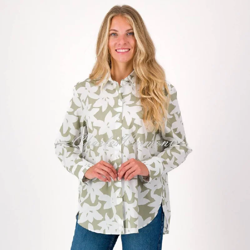 Just White Floral Blouse - Style N2824 (Khaki / Off-white) Lightweight Floral Blouse