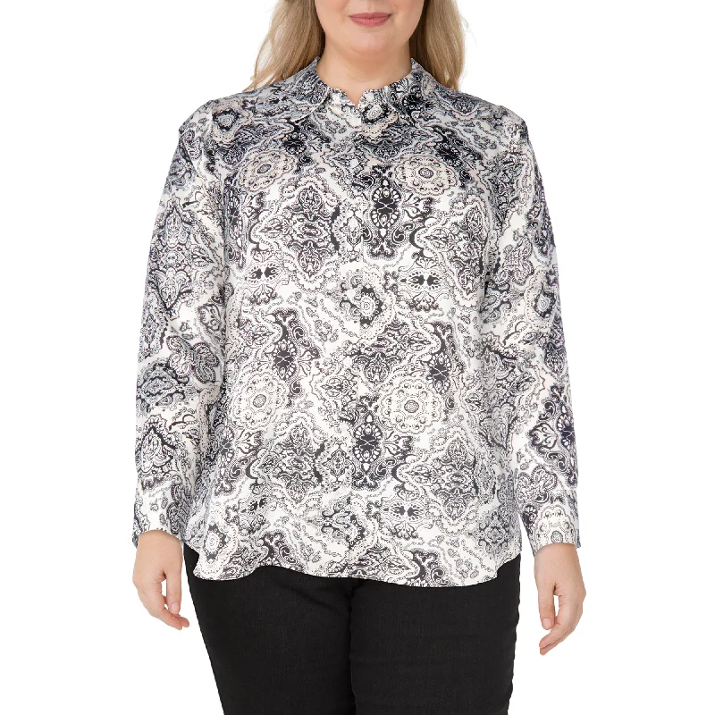 lily morgan Women's Plus Trendsetters All-Over Print Satin Blouse Modern Work Blouse