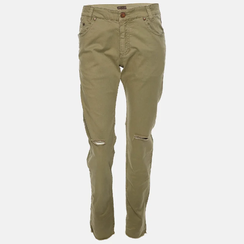 Roberto Cavalli Olive Green Ripped Denim Jeans Elegant Tapered Leg Denim