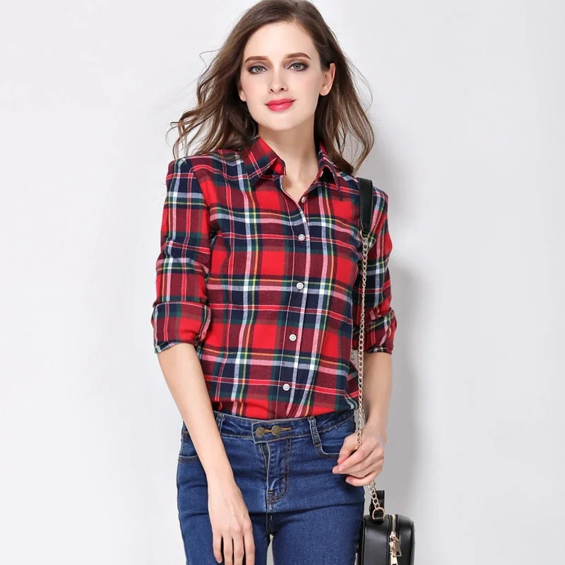 Women's Shirts 2023 female shirt plaid shirt women slim long sleeve cotton Blouse top Pleated Collar Blouse