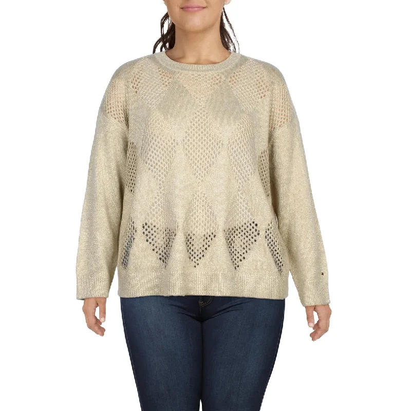 Plus Womens Open Stitch Argyle Crewneck Sweater Fitted Loose Oversized