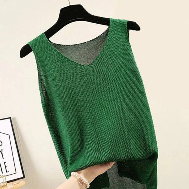 Sleeveless Knitted Blouse Silky Tunic Blouse