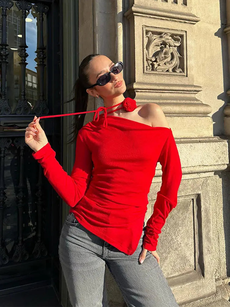 2024 Spring Summer Red Elegant 3d Flower Tops Female Long Sleeve Blouse Chic Ruffle Blouse