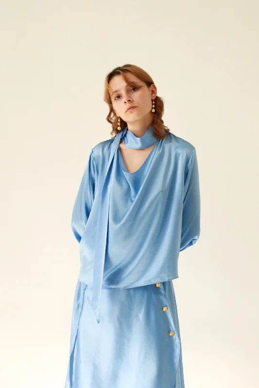 Lily Scarf Blouse 100% Silk - Blue Cotton Casual Blouse