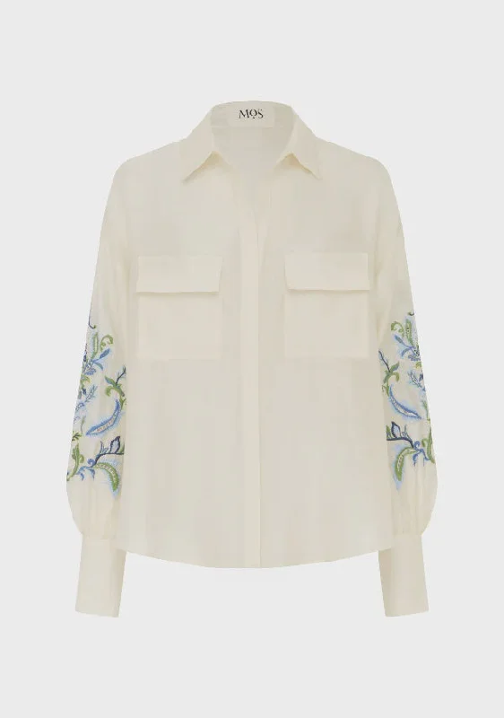 Mos The Label Marcela Embroidery Blouse - Ivory Blue Office Formal Blouse