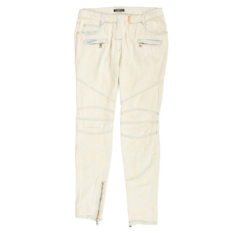 BALMAIN PARIS Light Blue Bleached Moto Jeans Pants Cozy Relaxed Fit Denim Jeans