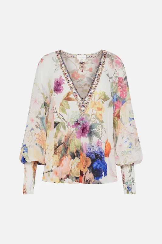 Camilla Shirred Cuff Blouse - Friends With Frescos Collared Satin Blouse