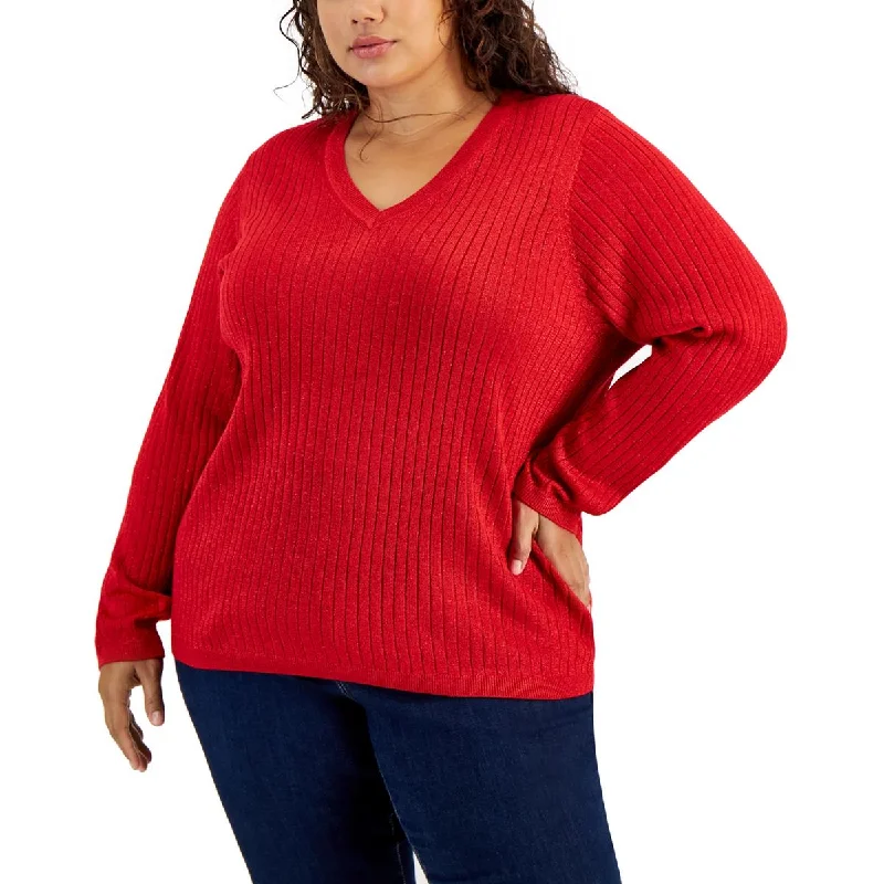 Plus Womens Metallic V-Neck Pullover Sweater Velvet Chenille Corduroy