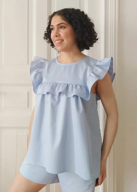 Hana – Ruffle Blouse in Sky Blue - 100% Cotton (organic) / 100 % Baumwolle (Bio) Wrap Front Blouse