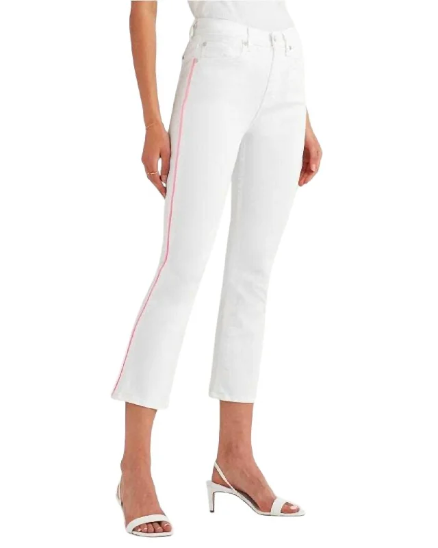 High Rise Flare Crop Pink Piping Jeans In White Trendy Bootcut High-Waisted Jeans