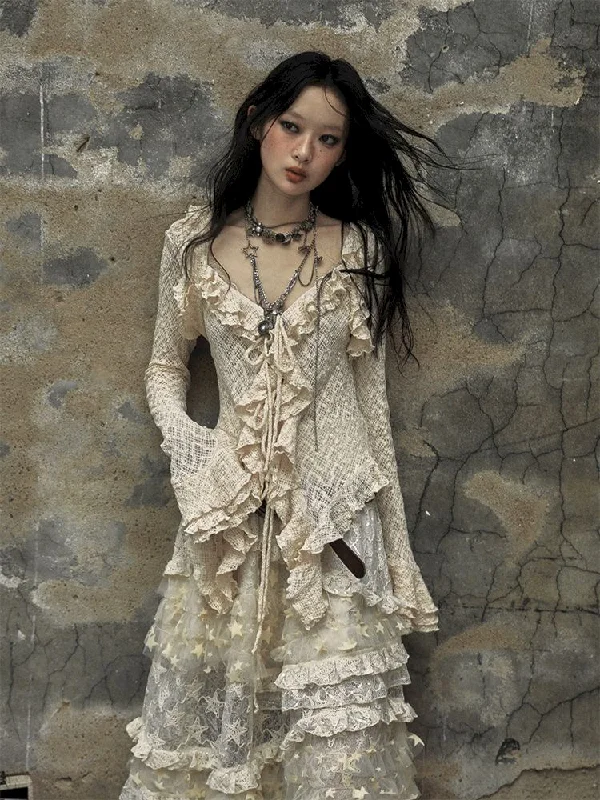 Ruffle Slim Lace Blouse【s0000009977】 Pastel Color Blouse