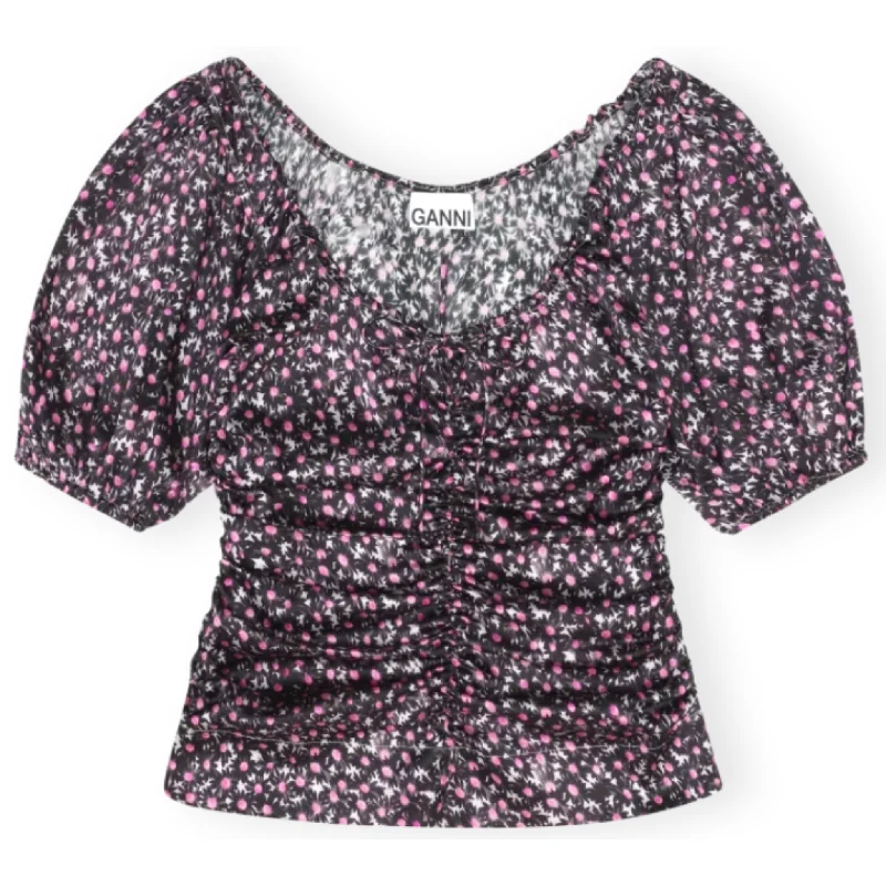 Satin Ruched Floral Blouse Flowy Bohemian Blouse