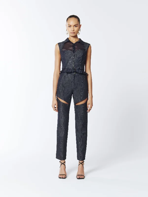 Composite Sparkly Denim Bustier Blouse in Profound Blue Lightweight Tunic Blouse