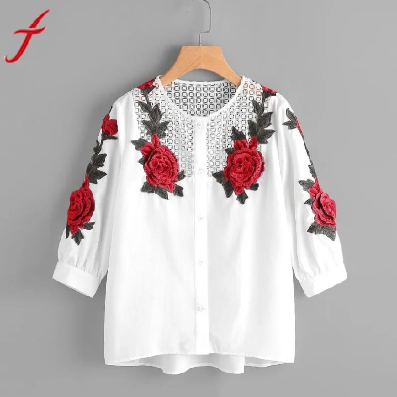 Lady Long Sleeve Rose Floral Blouse Shirt Airy Cotton Blouse