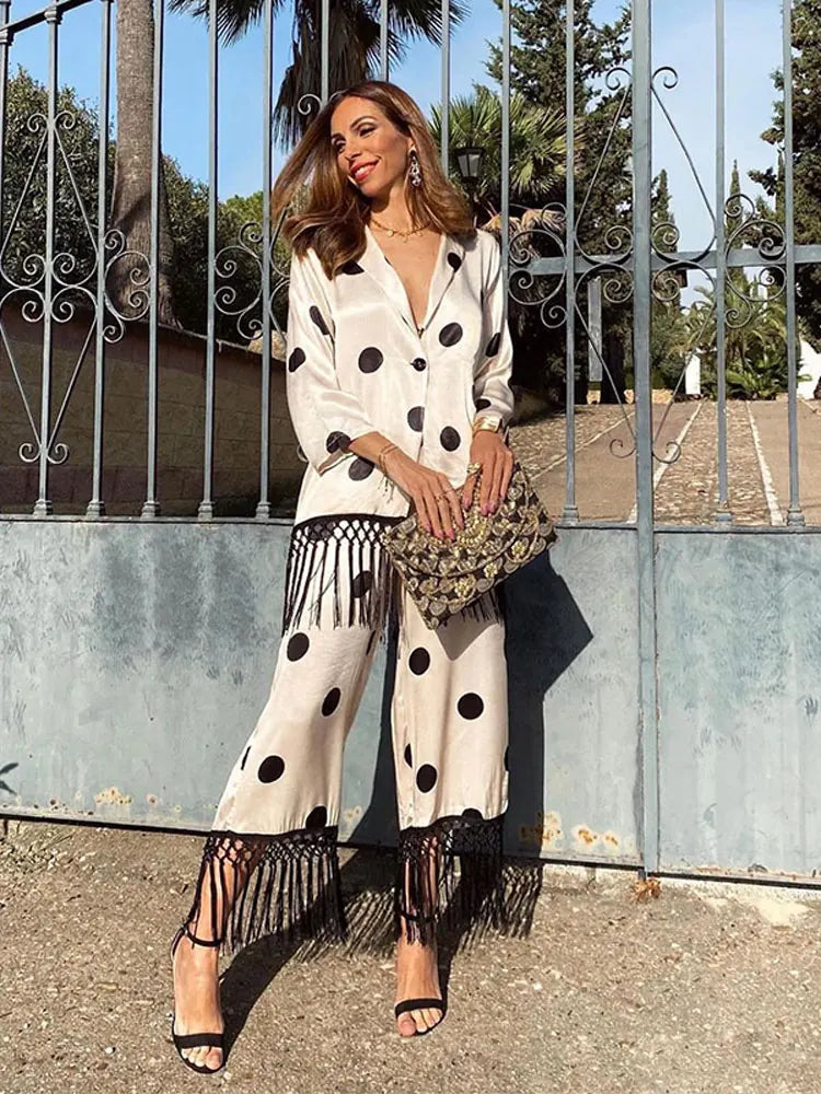 Vacation Outfit Sets Polk Dot Printed Tassels Pant Blouse Two Piece Suit For Women Soft Satin Blouse