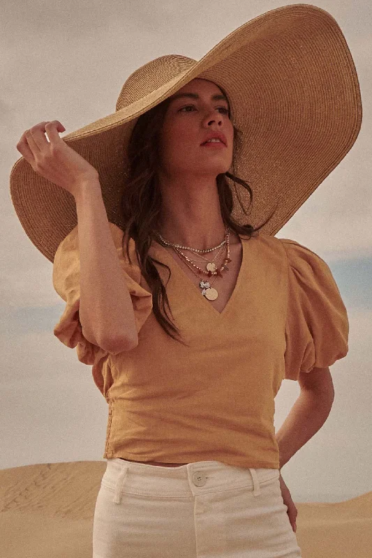 Like a Queen Puff-Sleeve V-Neck Blouse Pastel Color Blouse