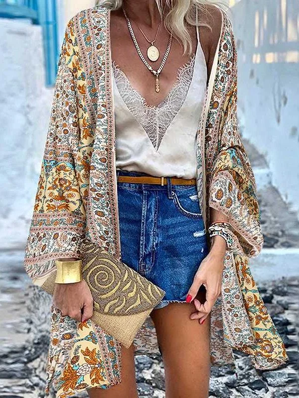 Open Front Bohemian Floral Printed Blouse Frilled Cuff Blouse