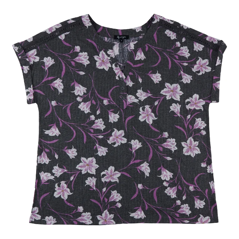 lily morgan Women's Plus Printed V-Neck Button Detail Blouse Soft Satin Blouse