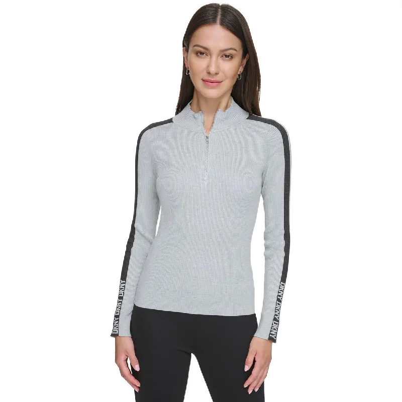 Womens Half-Zip Logo Stripe Mock Turtleneck Sweater Slim Fit Regular Fit Oversized