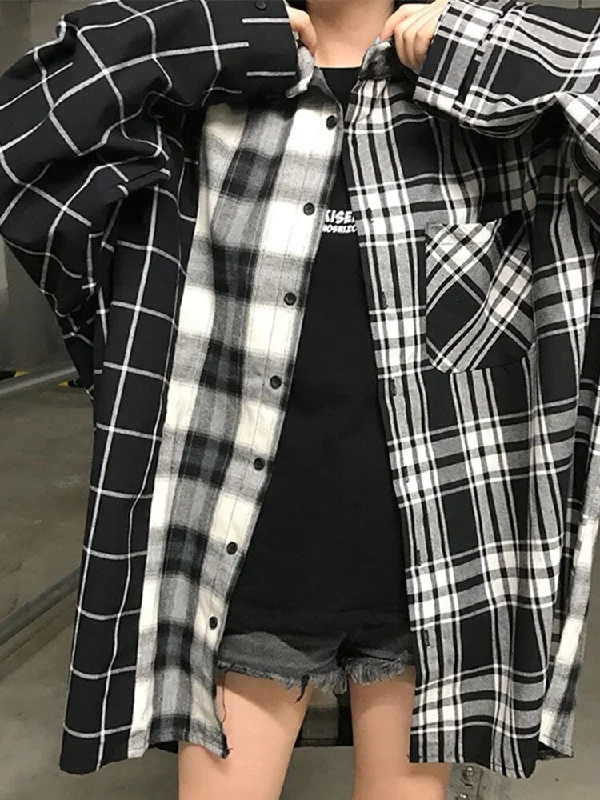 Oversized Plaid Patchwork Blouses Vintage Boyfriend Shirt For Ladies Long Sleeve Blusas Tops Puff Sleeve Blouse