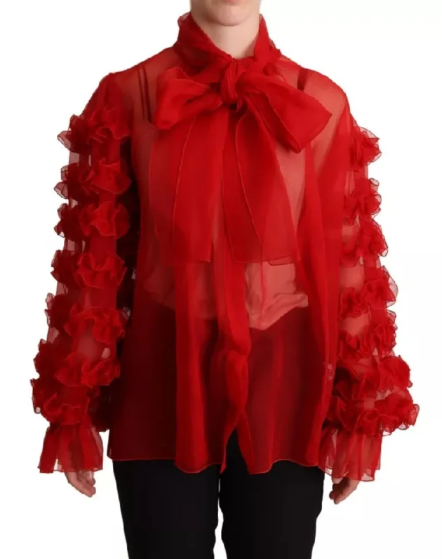 Red Silk Ascot Collar Ruffles Blouse Top Soft Pastel Blouse