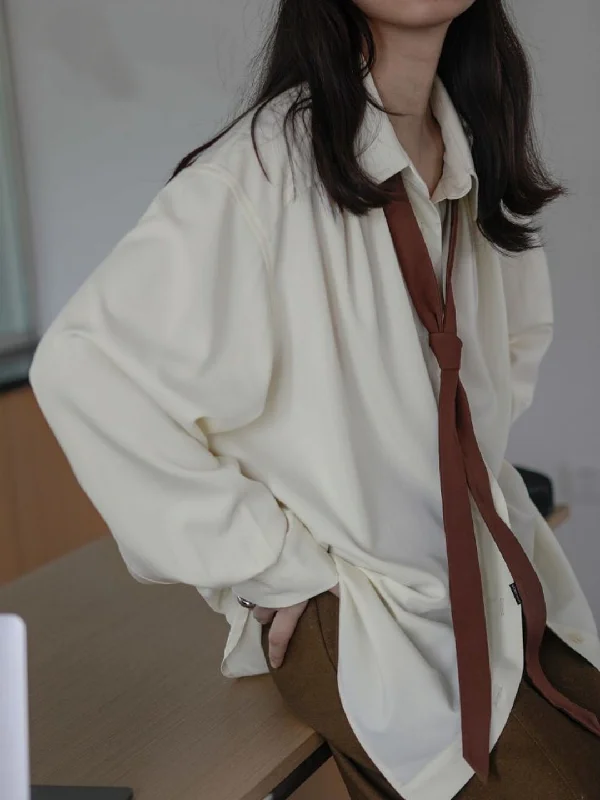 2023 Spring ASHORE SHOP Minimalist Long Sleeve Button Up Shirt Women Korean Style Solid Tie Oversize Shirts Blouse Loose Clothes Tops Delicate Bow Blouse