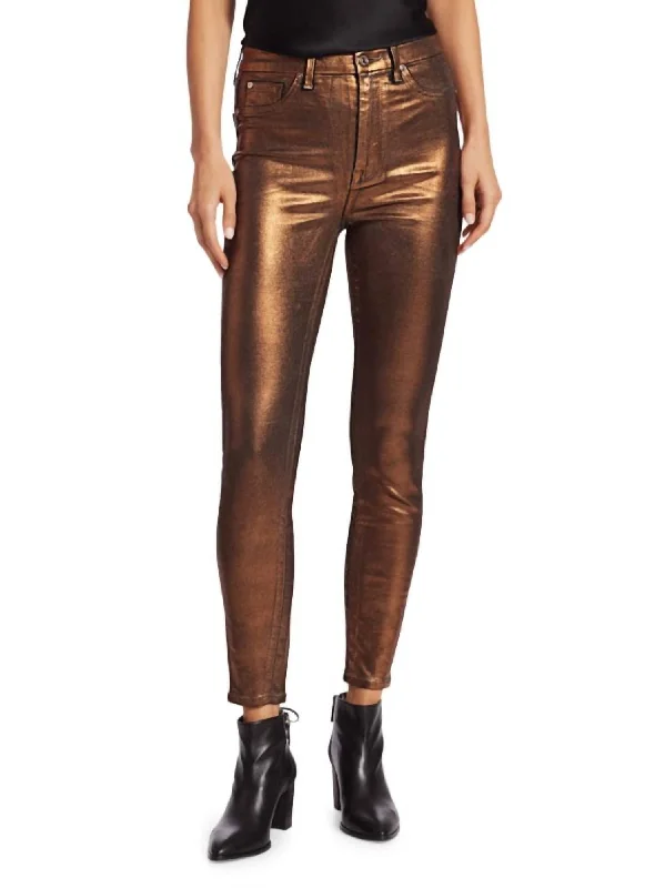 Metallic Coated Jeans In Bronze Comfortable Folded Hem Jeans