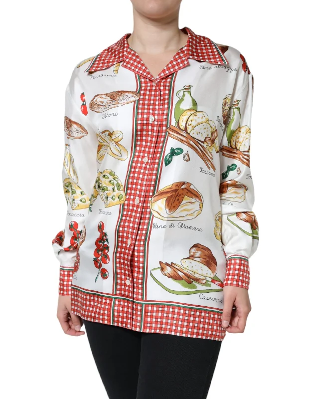 Multicolor Bread Print Collared Blouse Top Slim Fit Blouse
