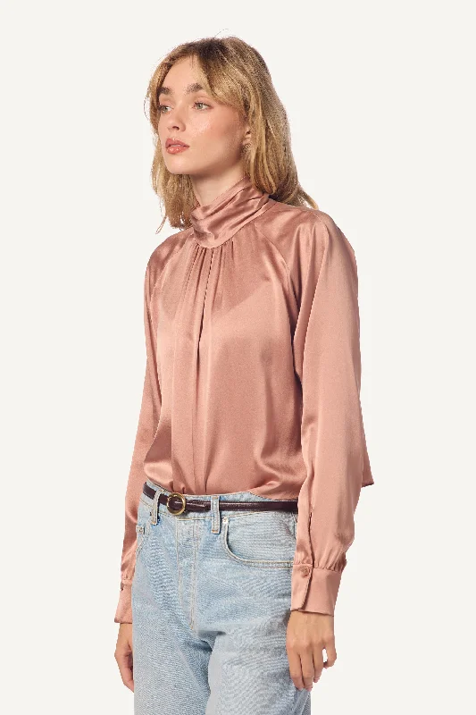 COSETTE MOCK NECK LONG SLEEVE SILK BLOUSE | DEEP APRICOT Office Formal Blouse