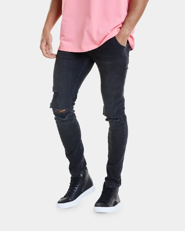 Sik Silk Slim Fit Distressed Denim Jeans Washed Black Comfortable Boyfriend Jeans