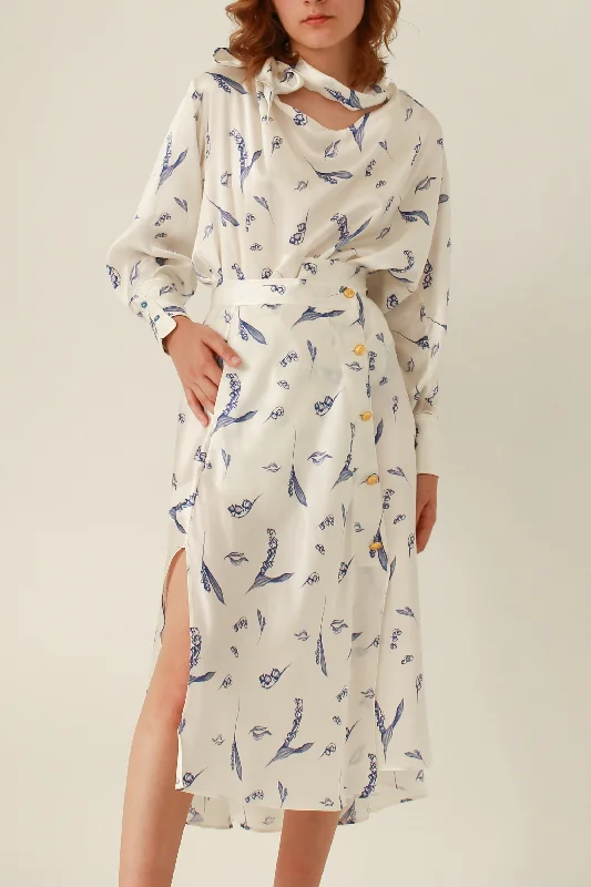 Lily Scarf Blouse 100% Silk - White Blue Prints Feminine Tie Blouse