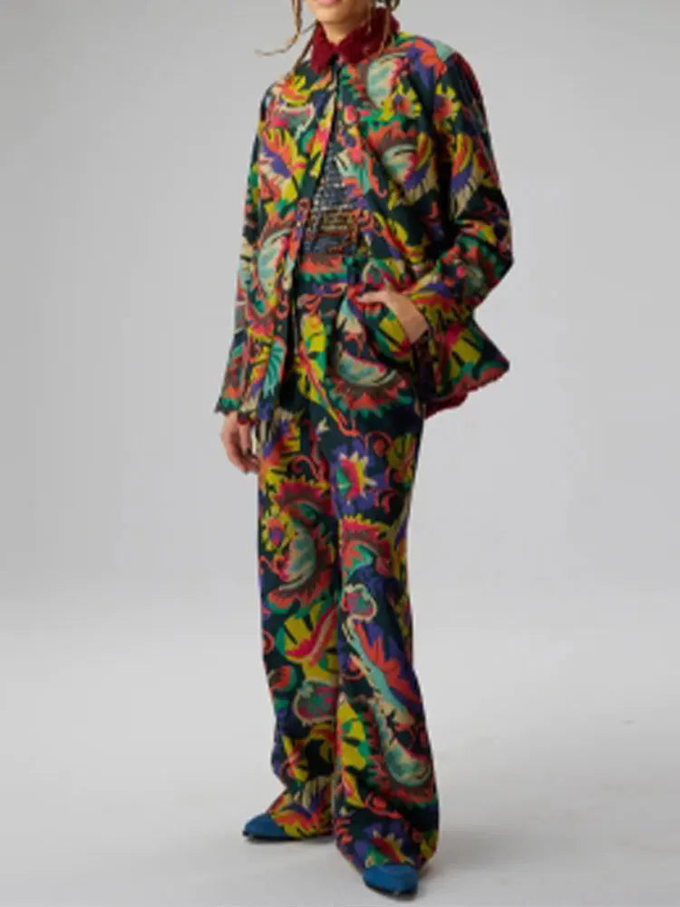 Vintage Elegant Printing Blouse 2 Piece Set Casual Long Sleeve Shirt Tops Wide Leg Pants Outfits Spring Chic Off-Shoulder Blouse