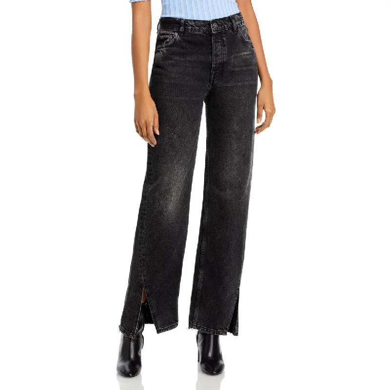Womens Button Fly Front Slit Straight Leg Jeans Casual Skinny Fit Jeans