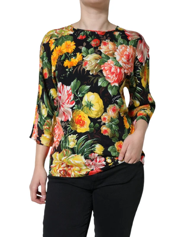 Multicolor Floral Viscose Round Neck Blouse Top Sheer Sleeve Blouse