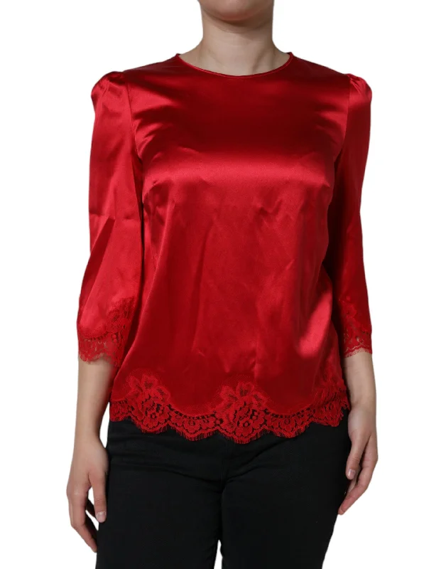 Red Satin Lace Trim Round Neck Blouse Top Classic Striped Blouse