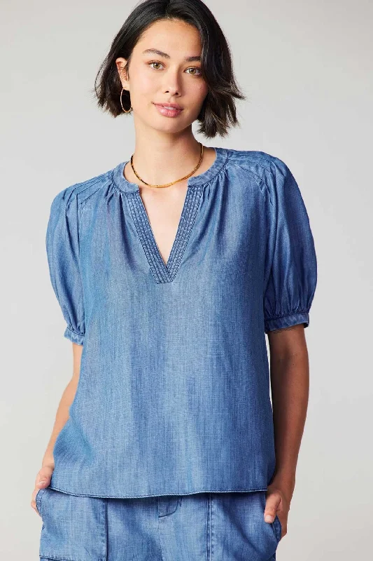 Chambray Puff Sleeve Blouse Elegant Silk Blouse