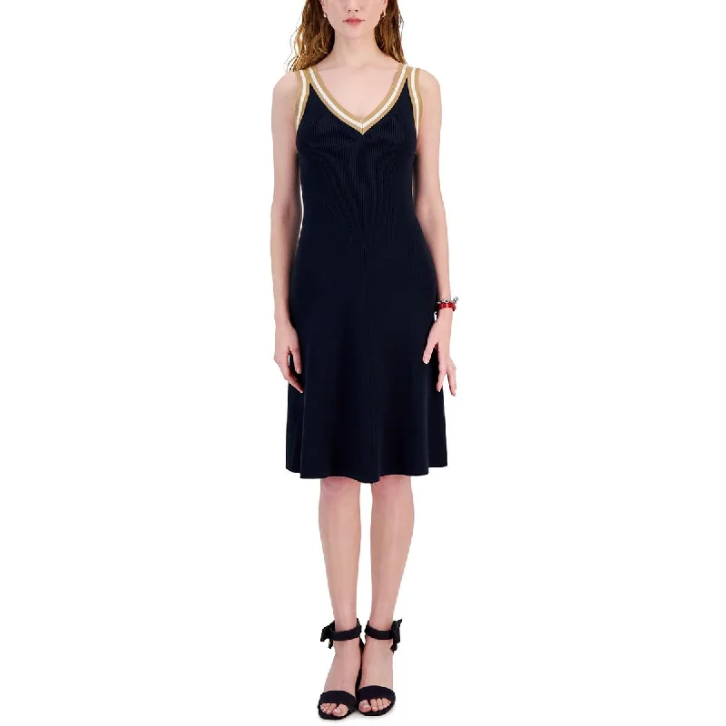 Womens Ribbed Trim Summer Sweaterdress Zippered Front Buttoned Front Snap Front
