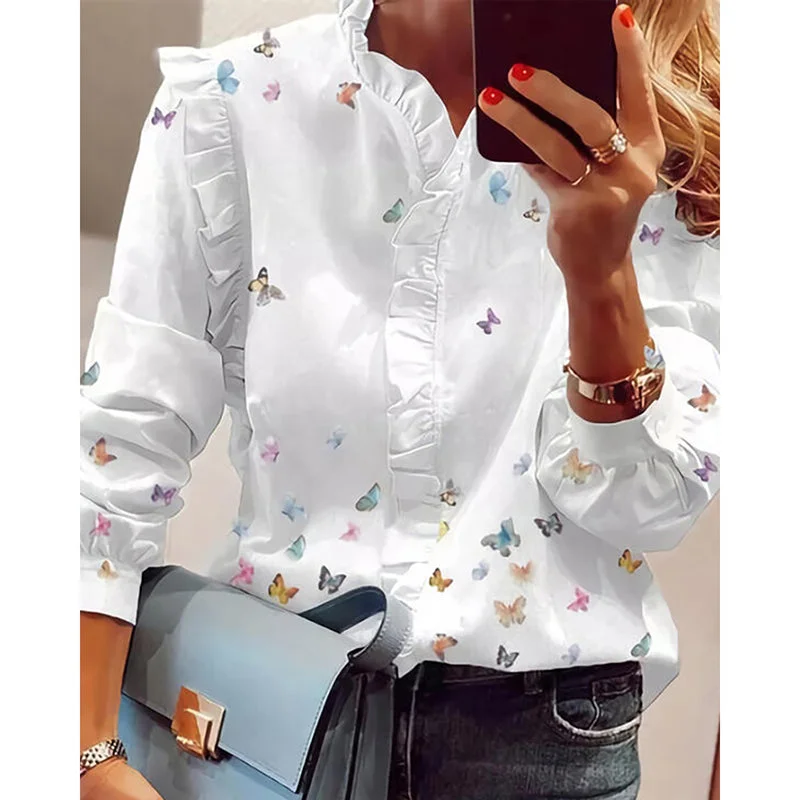 Women Elegant  Butterfly Print Blouses Top Modern Oversized Blouse