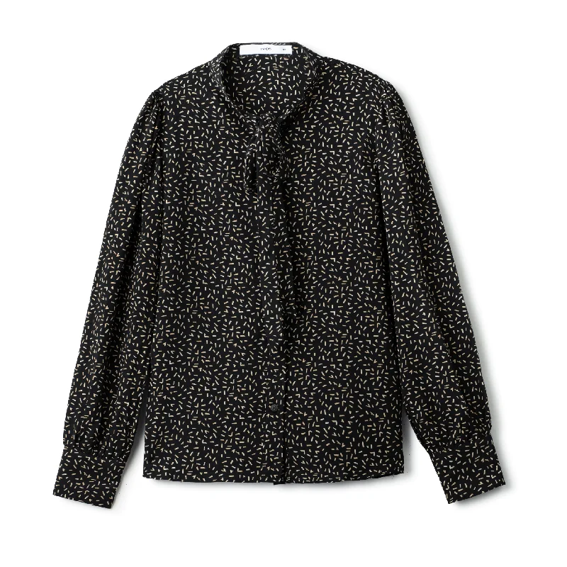 Silk Tie Blouse IN: Black Print Balloon Sleeve Blouse