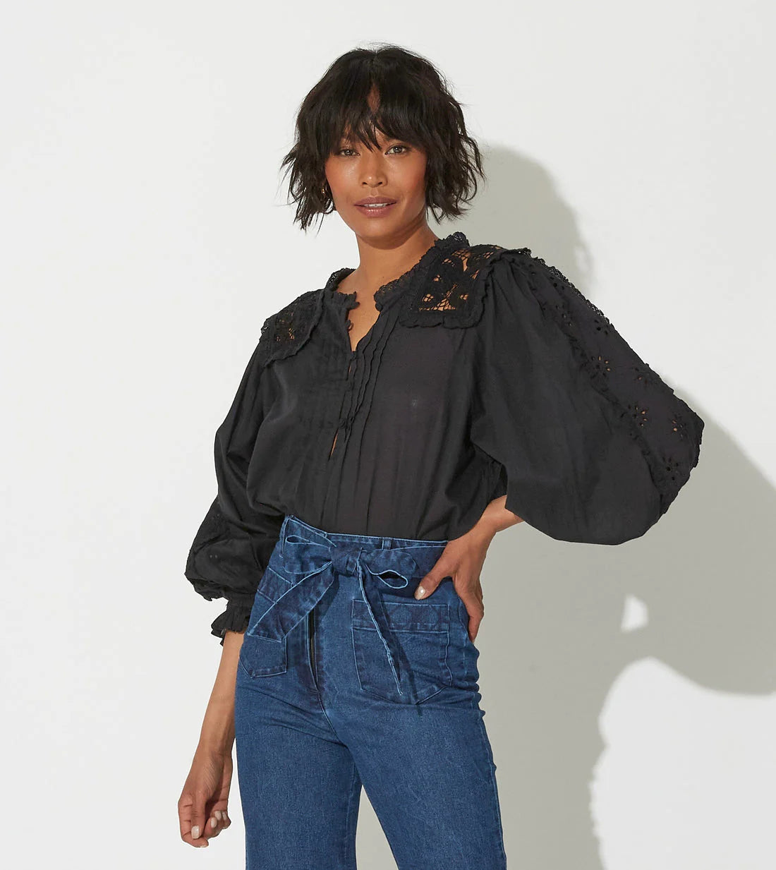 Cleobella Claudia Blouse- Black Balloon Sleeve Blouse